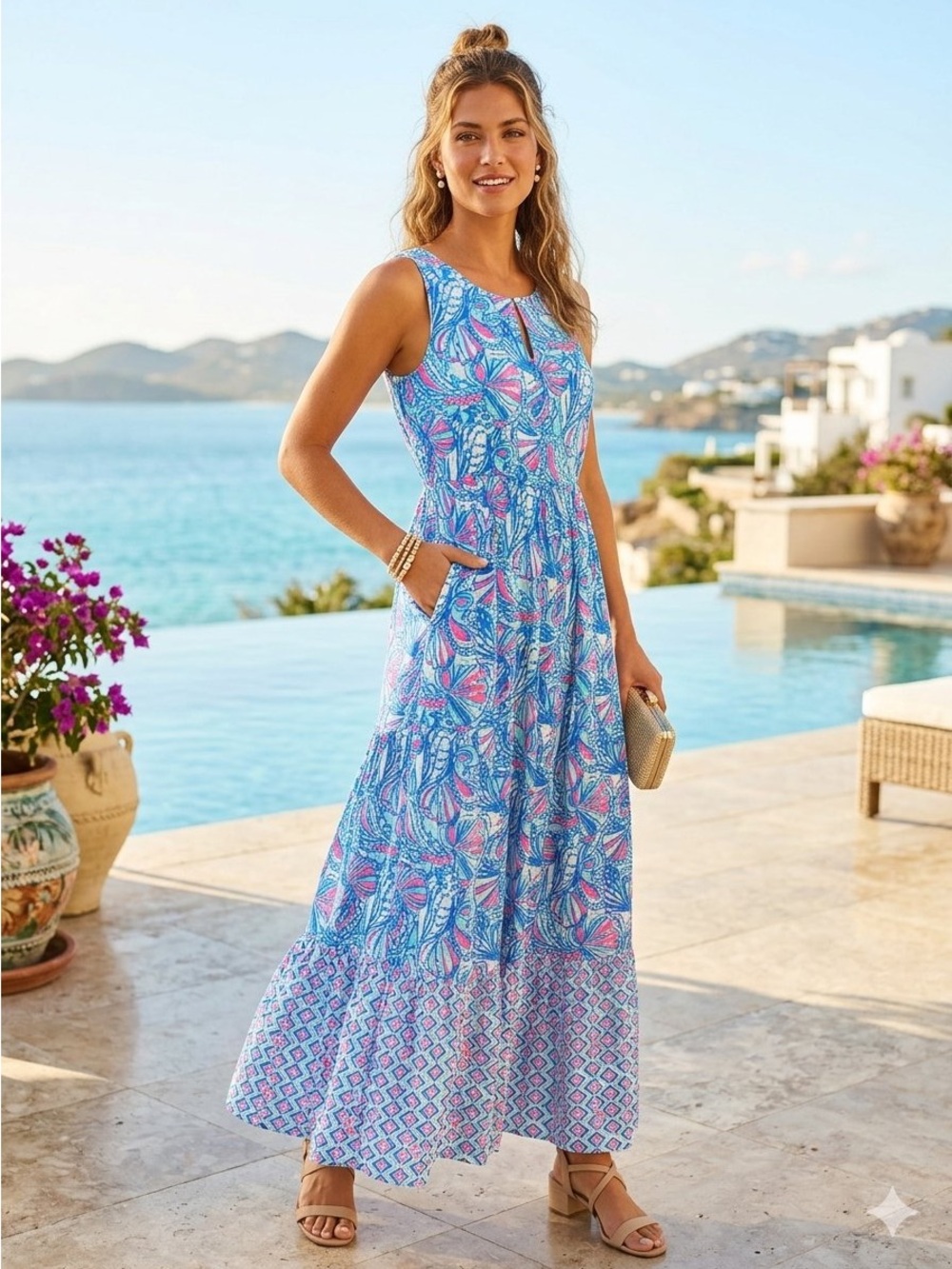 Lilly Pulitzer Blue, Pink & Aqua Tropical Print Maxi Dress